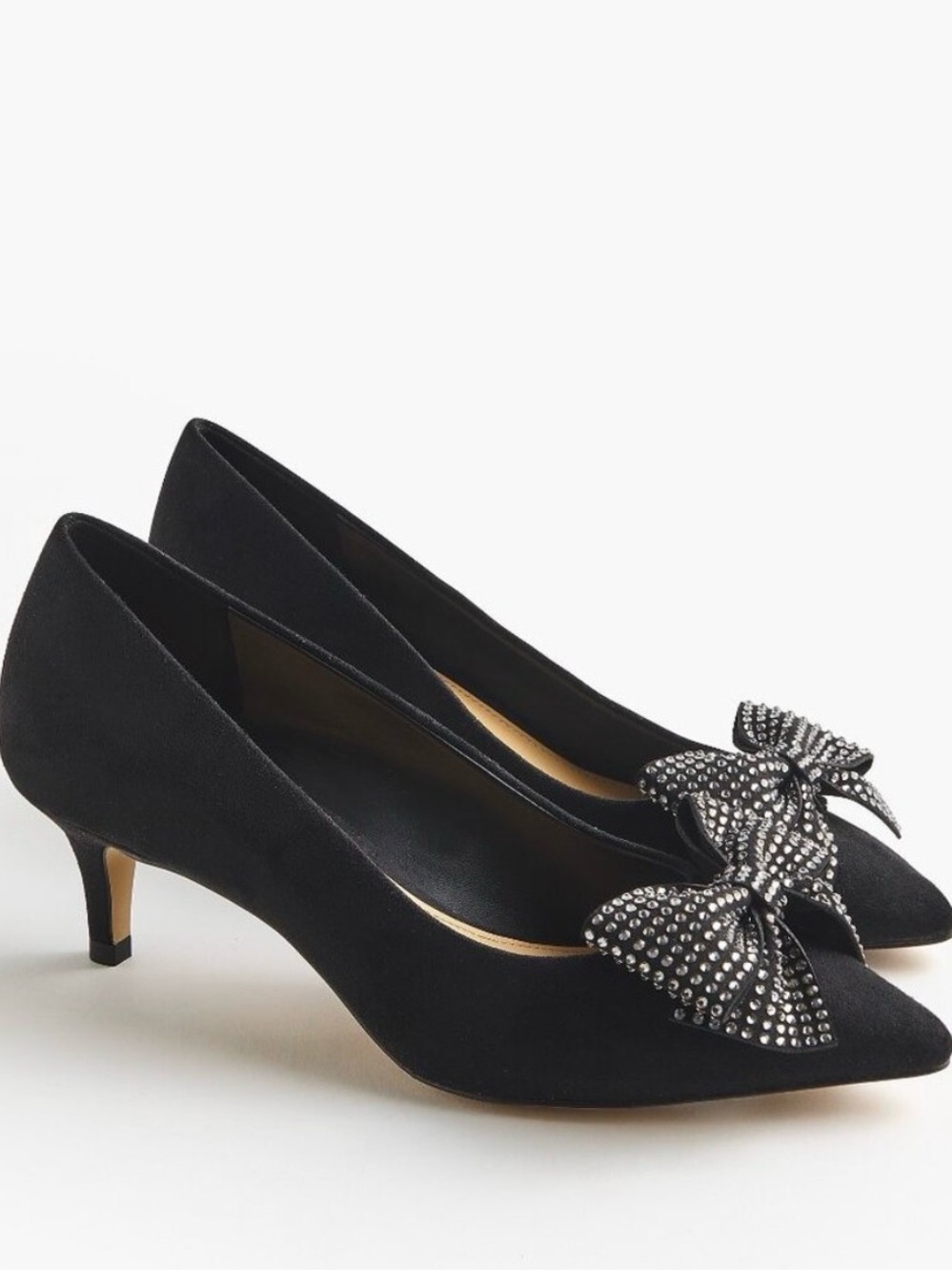 J. Crew Black Pointed-Toe Kitten Heels with Crystal Bow